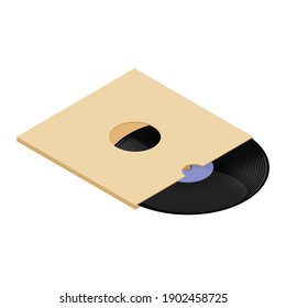 Vinyl record with blank paper cover isolated on white. Record sleeve with vinyl disc isometric view. Vector