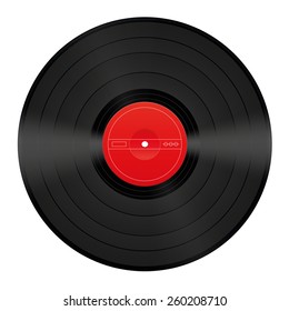 Vinyl record with blank red center that can be labeled with your company logo or text. Isolated vector illustration on white background.