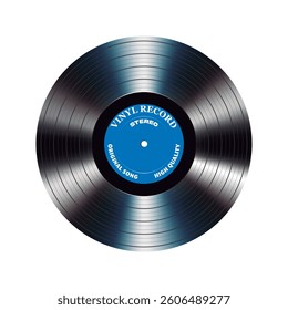 Vinyl record with blue paper label. Vector isolated on white background.