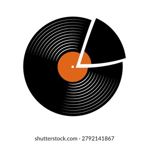 Vinyl record with broken off piece. Destructed LP music plate isolated on white background. Cracked DJ disc. Bursted plastic platter. Vector flat illustration.