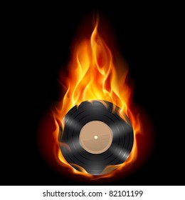 Vinyl record burning symbol. Illustration on black background