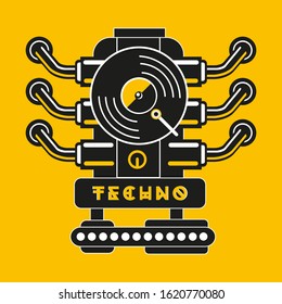 Vinyl record with car engine. Techno and industrial party poster. Hip-hop music vector sign. Vector tshirt print.