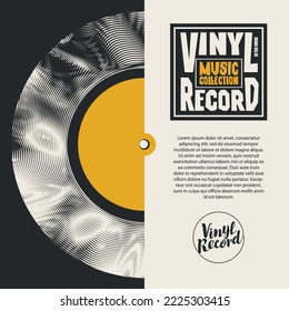 vinyl record with a cardboard sleeve and a logo for a store with a music collection. Vector music poster with old vinyl record and calligraphic lettering in retro style. Music collectio