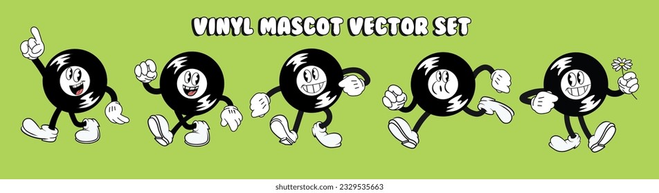 vinyl record cartoon mascot set, different poses, retro logo flat design, vector