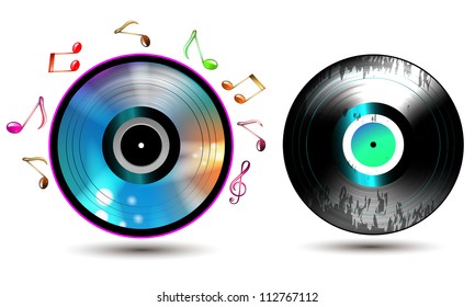 Vinyl record with CD and music notes