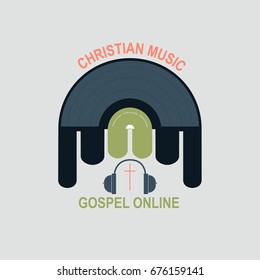 Vinyl record with Christian logo in the middle. Symbolizes a Christian music Studio. Cross and treble clef in the middle of a vinyl record.