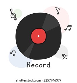 Estilo de caricatura de clipart de vinilo. Simple y lindo disco de vinilo gramófono negro con notaciones musicales ilustración vectorial plana. Graba el estilo del doodle dibujado a mano. Diseño vectorial de registros fonográficos