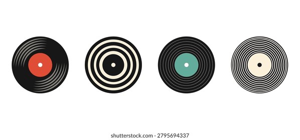 Vinyl Record Collection Icons. Retro Music Disc, LP Record and Turntable Album Vector Set