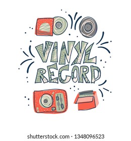 Vinyl record concept. Emblem with lettering and musical symbols. Vector color illustration.