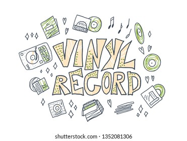 Vinyl record concept. Text with musical symbols. Vector color illustration.