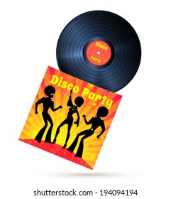 Vinyl Record And Cover With Disco Party Illustration. Vector EPS 10.