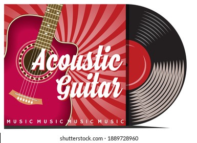 Vinyl record with cover mockup. Typography with guitar.. Vector illustration. Place your text.