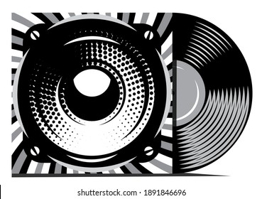 Vinyl record with cover mockup. Typography with speaker. Vector illustration. Place your text.