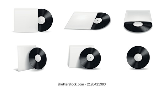 Vinyl record covers mockup realistic icon set with white covers and labels vector illustration