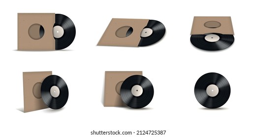 Vinyl record covers mockup realistic isolated icon set records in cardboard or kraft packages vector illustration