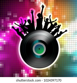 Vinyl record with dancing silhouettes and disco lights