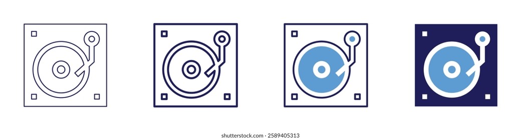 Vinyl record device icon in 4 different styles. Thin Line, Line, Bold Line, Duotone. Duotone style. Editable stroke.