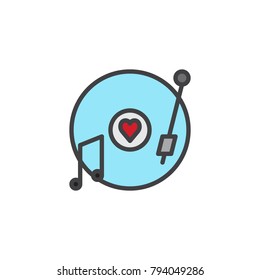 Vinyl record disc with heart music notes filled outline icon, line vector sign, linear colorful pictogram isolated on white. Romantic music symbol, logo illustration. Pixel perfect vector graphics