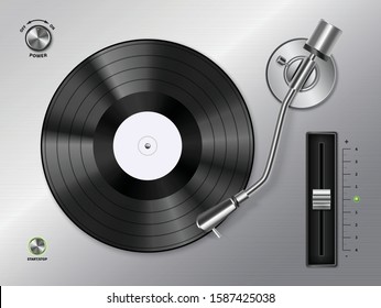 Vinyl record disc playing on turntable player closeup top view realistic black white retro image vector illustration 