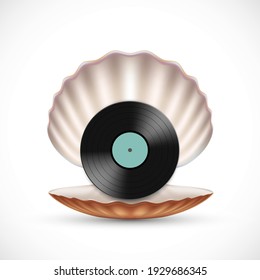 Vinyl Record Disc In A Sea Shell. Vector Icon.