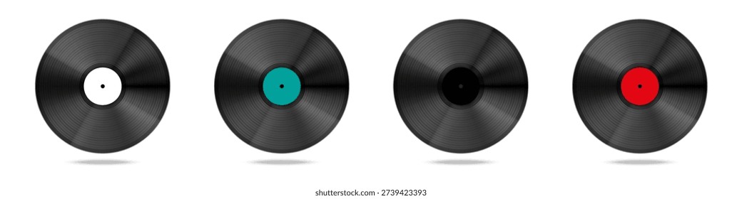 Vinyl record disc set. Realistic black music plates with different center labels and grooves. Retro audio elements isolated on background