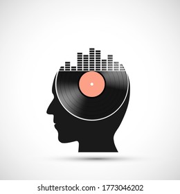 Vinyl record disc with a sound equalizer in the human head. Vector icon.