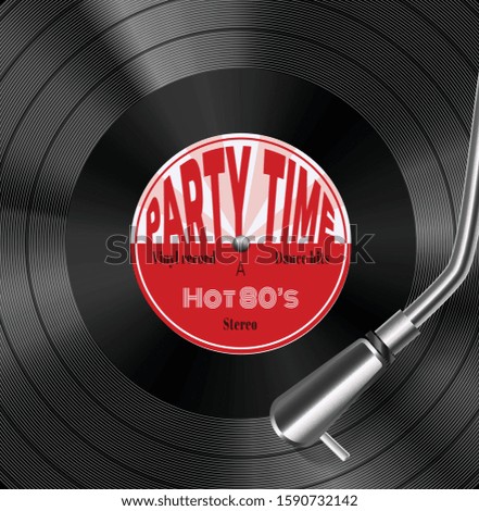 Vinyl record disc with stylus in groove realistic closeup top view image hot 1980s retro vector illustration 