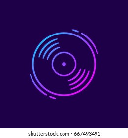 Vinyl record disc, thin line icon or logo for web or app in bright neon colors.