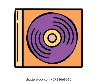 Disco de disco de vinilo vista superior en un estilo de garabato dibujado a mano acogedor, cálido y agradable. Ilustración vectorial.