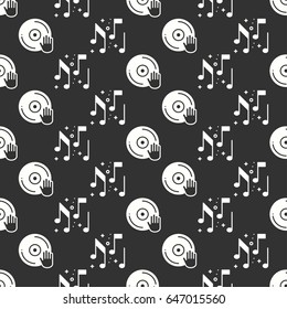 Vinyl record disco dance nightlife seamless pattern. DJ disk jockey turntable icon. Party celebration decor elements. Vector illustration. Background. Black and white graphic texture.