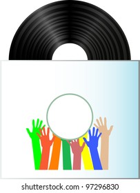 Vinyl record disk in box on white background with many hands