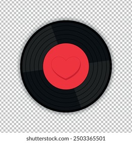 Vinyl record disk with decorated with a heart. Retro vintage emblem of music lover in flat design on transparent background. Vector illustration