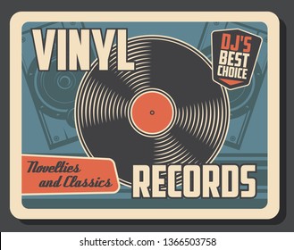 Vinyl Record Disk Vintage Poster. Vector Retro Music Vinyl Player Store Or DJ Musical Instruments Shop And Sound Recording Studio