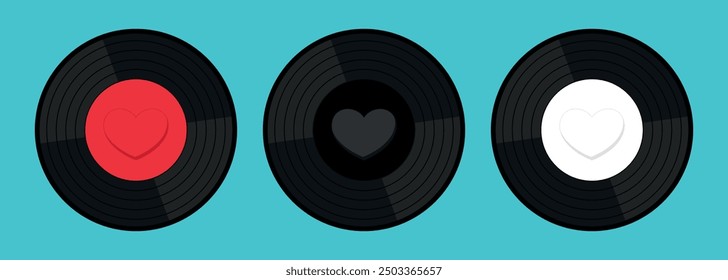 Vinyl record disks with heart set. Retro vintage emblem of music lover in flat design. Vector illustration