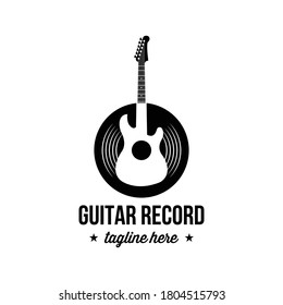 Vinyl record and electric guitar logo template. Guitar music disc vector design. Gramophone vinyl record logotype