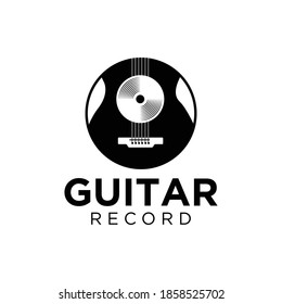 Vinyl record and electric guitar logo template. Guitar music disc vector design. Gramophone vinyl record logotype