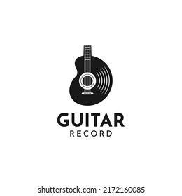 Vinyl record and electric guitar logo template. Guitar music disc vector design. Gramophone vinyl record logotype