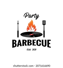 Vinyl record with Fire Flame Live Music Concert for Grill and Barbecue Store, Bar Cafe Restaurant, vintage poster Logo Design