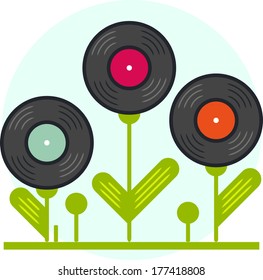 Vinyl record flowers. Vector illustration.