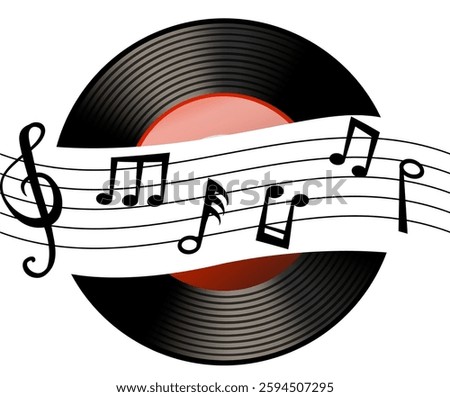 Vinyl record with flowing musical notes illustration
