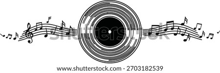 Vinyl record with flowing musical notes isolated on transparent background