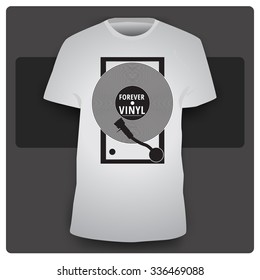 Vinyl record with Forever Vinyl typography in the turntable. Minimalistic black and white t-shirt print design template