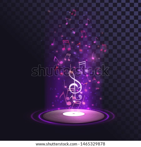 Vinyl record and glowing notes, music, disco, DJ