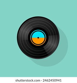 Disco de vinilo para gramófono o tocadiscos. Icono redondo estilizado, con sombra. Ilustración vectorial.