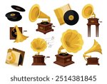 Vinyl record gramophone retro music player set isometric vector illustration. Old fashioned musical sound media art culture entertainment with golden yellow horn and notes vintage phonograph