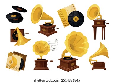 Gravação de vinil gramofone retro player de música definir ilustração vetorial isométrica. Antigo estilo musical som mídia arte cultura entretenimento com chifre amarelo dourado e notas fonógrafo vintage