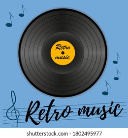 Vinyl record for gramophone. Vector black realistic plate with retro music on a blue background.