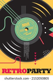 Vinyl Record Graphic Design For Retro Party Poster. Abstract Memphis Style Template For Seventies Music Party Invitation Or Concert Flyer. Minimalist Vector Illustration. The Best Of Seventies.