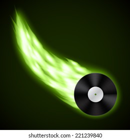 Vinyl record with green fire. Abstract music background. EPS10 vector