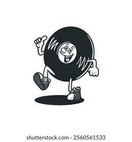 Vinyl record groovy retro character. Vector illustration, logo, cartoon, mascot, funny, set, vintage, sticker, icon, music, comunication, tools